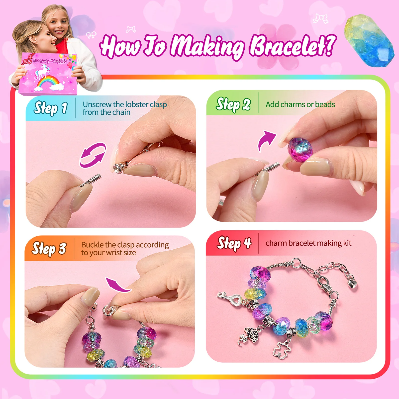 218 ชิ้น DIY สาว Charm สร้อยข้อมือสร้อยคอชุดสําหรับเครื่องประดับเด็กยูนิคอร์นอุปกรณ์ Make ความคิดสร้างสรรค์ศิลปะหัตถกรรมชุด