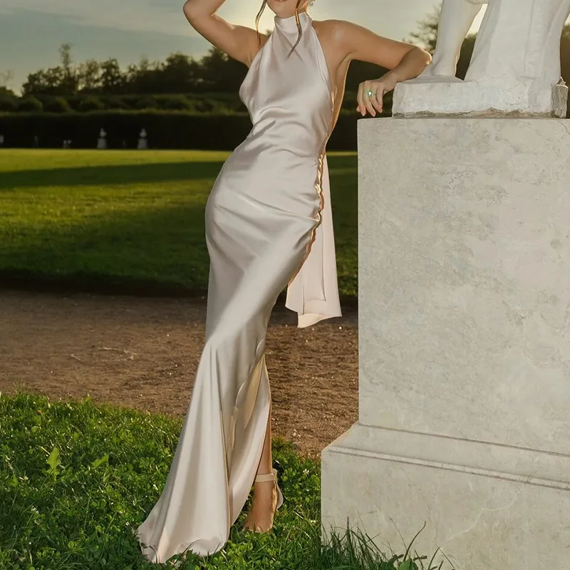 TRAFZA Sommermode Damenkleid, solide, ärmellos, rückenfrei, Schleife, Dekoration, Reißverschluss, weiblich, elegant, schlank, lange Kleider, 5 Farben