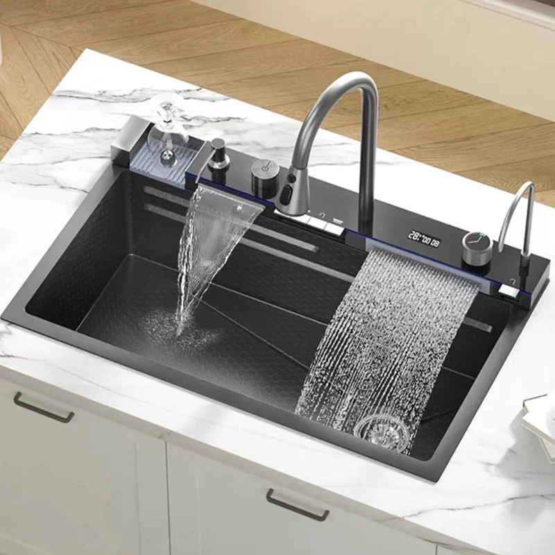 Pia de cozinha de aço inoxidável 304 com torneira cascata com display digital, multifuncional 75*45cm grande pia de baleia de slot único