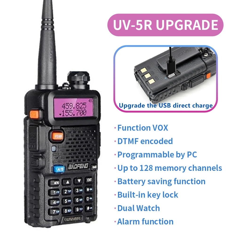 Baofeng-Walkie Talkie portátil de mano, UV-5R de alta calidad, 128 canales, 3-5KM, Radio FM de largo alcance, comunicación USB, 1 ud.