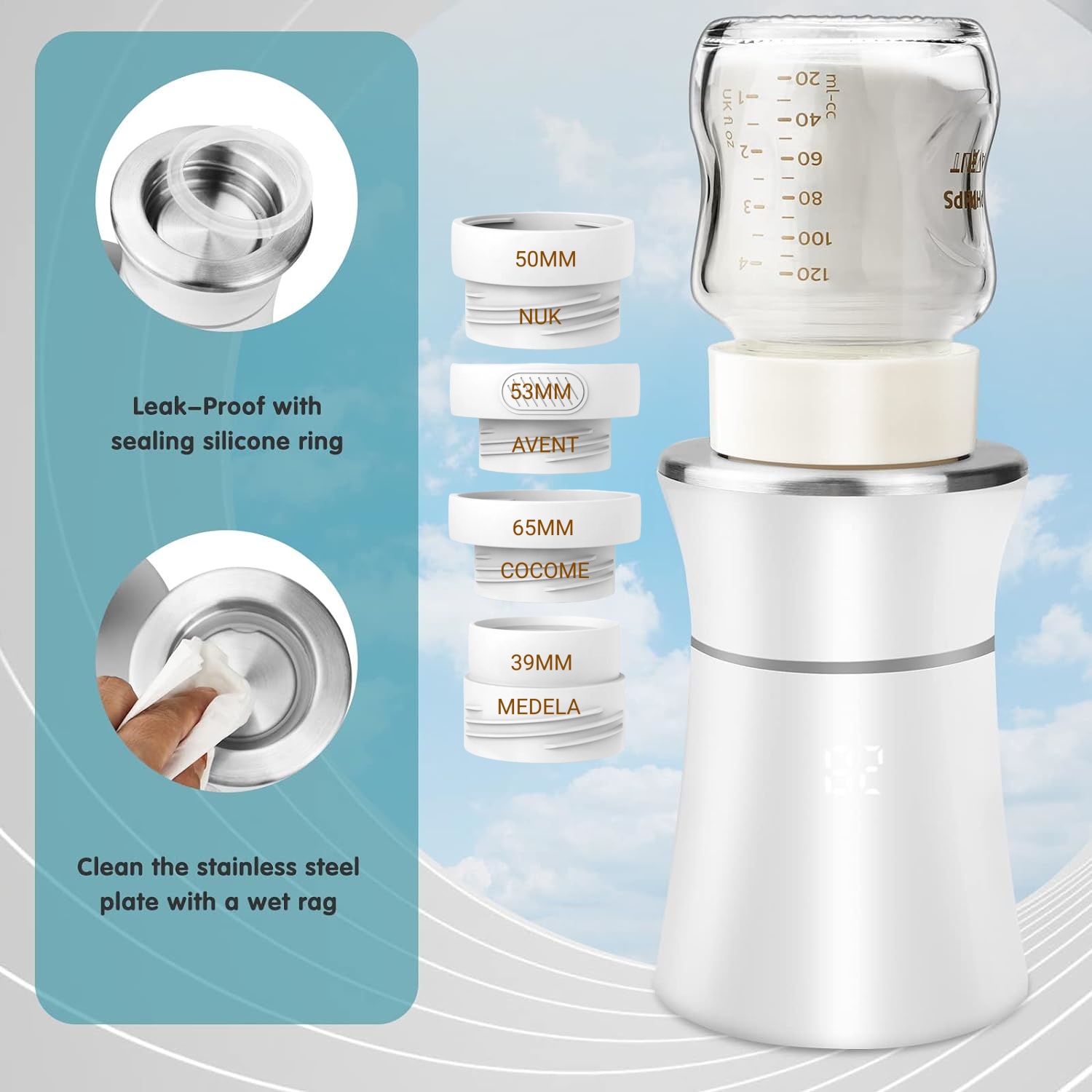 Draagbare flessenwarmer voor babymelk USB oplaadbaar 8800 mAh 4 niveaus temperatuur verstelbare draadloze elektrische flessenverwarmer buiten