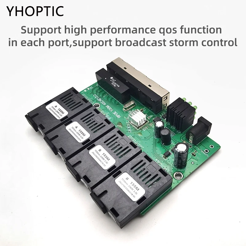 POE Fast Ethernet Fiber Switch, Optical Media Converter, SC PCBA, Para Metro Board, 10 m, 100m, 4F2E, 4F4E Output, 12V