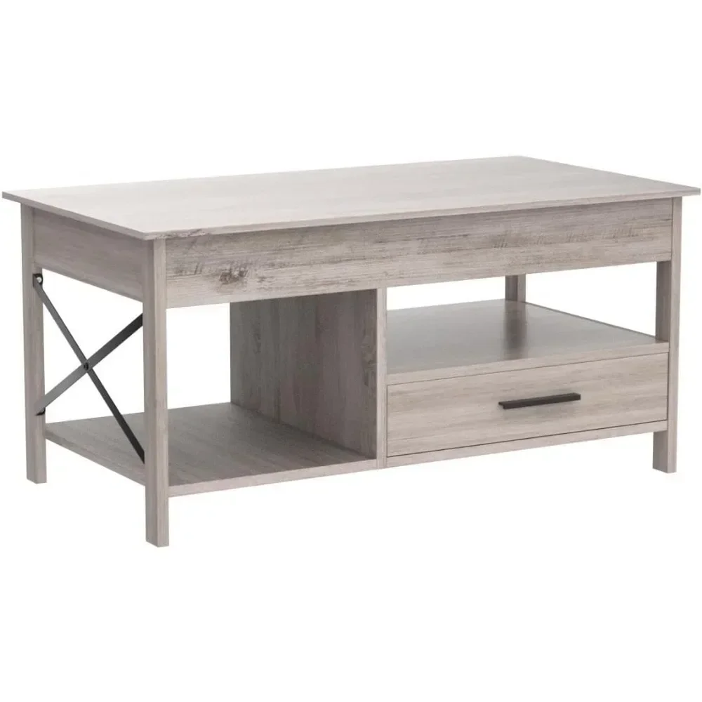 Mesa de centro elevatória para sala de estar, design luxuoso, compartimento oculto e estrutura de metal, móveis cinza, café doméstico