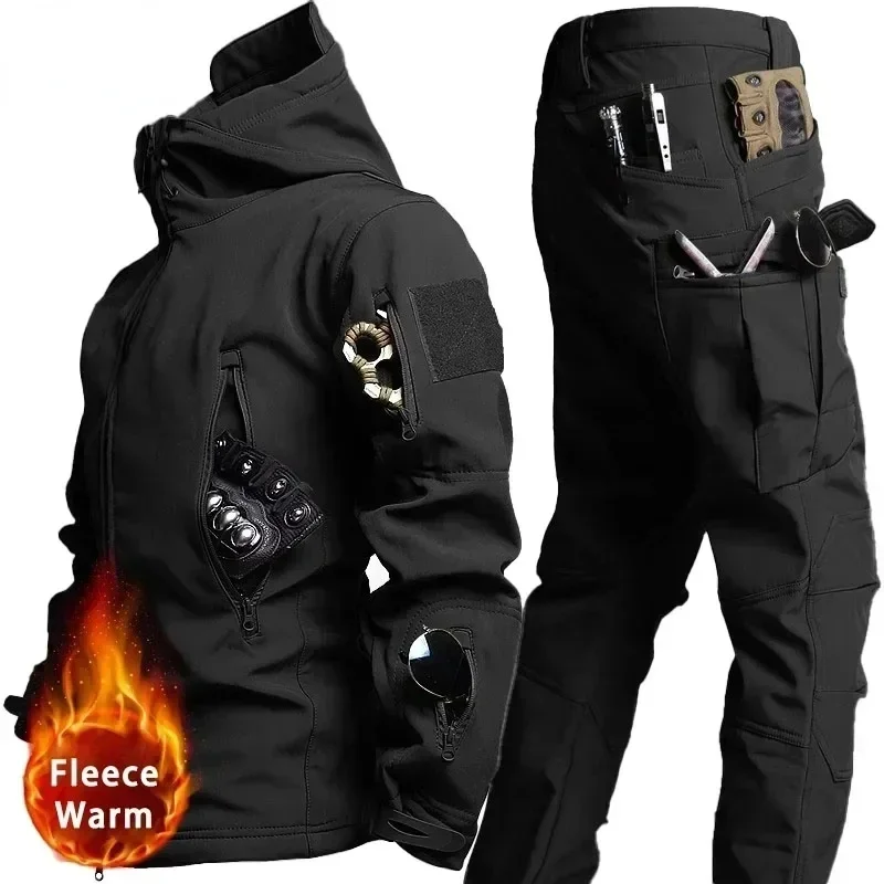 Traje de camuflaje de invierno para hombre, conjunto táctico cálido de concha suave de lana impermeable, ropa de caza gruesa para senderismo al aire libre, combate a prueba de viento