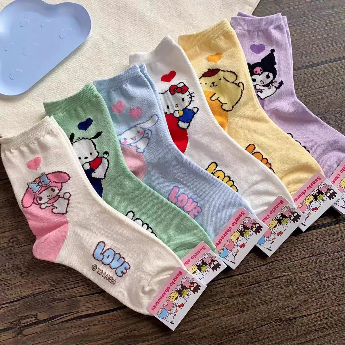 6 pçs/set sanrio meias de algodão feminino dos desenhos animados cinnamoroll minha melodia kuromi meninas meias estudante tubo médio antiderrapante meias presente da menina