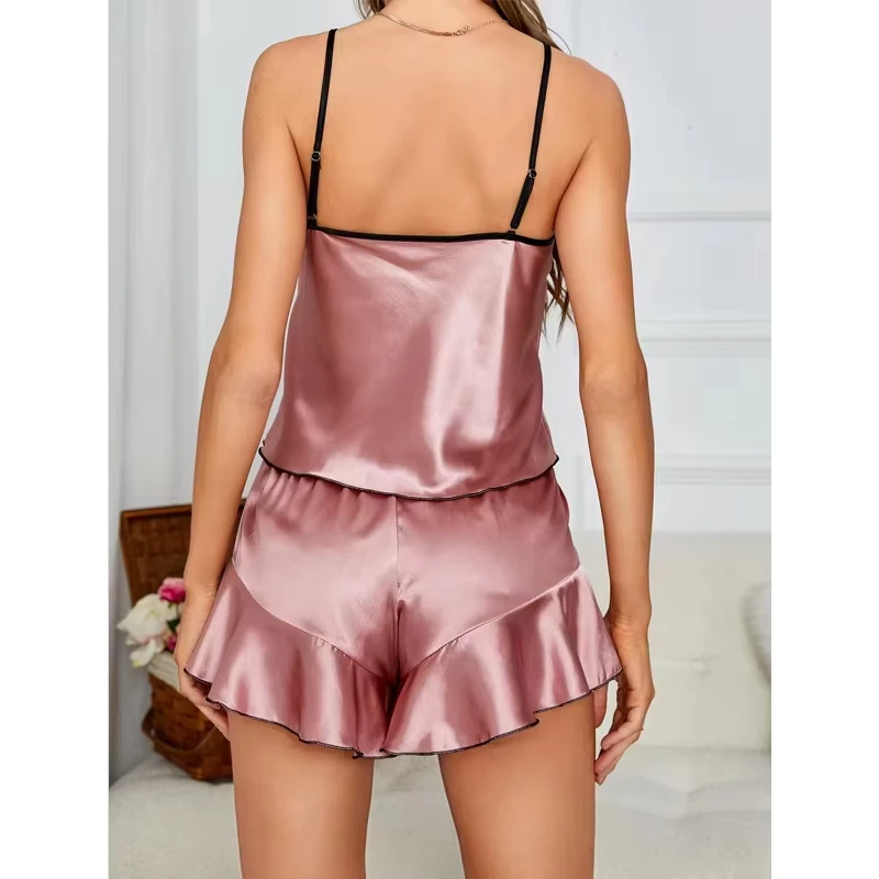 Pijama feminino de cetim liso, camiseta com decote em v, bordas com babados e shorts com laço, conjunto de pijama simples e respirável, roupas para casa