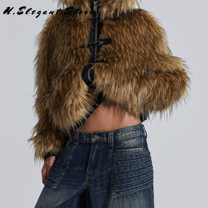 Vintage punk casaco de pele do falso para mulheres zíper manga longa jaqueta grossa 2024 inverno com capuz marrom casaco quente nova senhora y2k outerwears