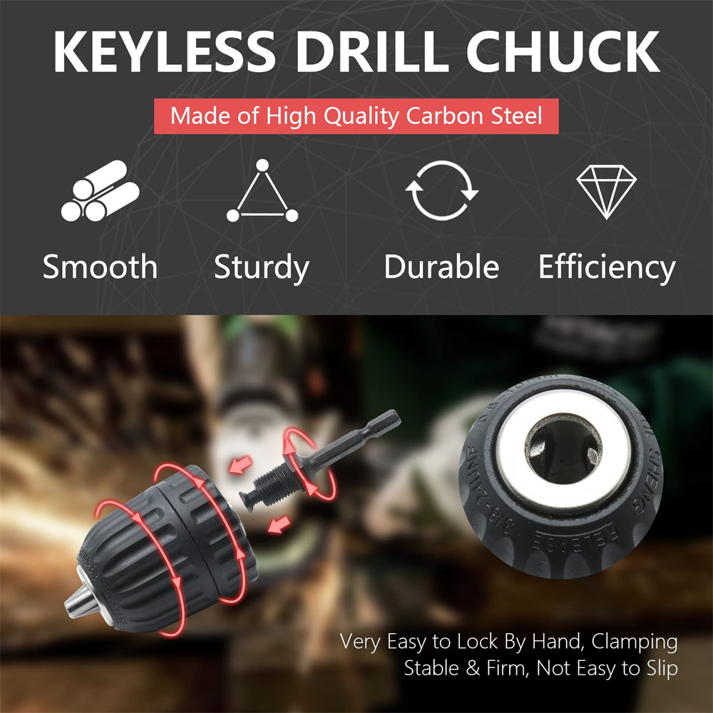 0.8mm-10mm Keyless Drill Chuck Set, with Hex Shank, 3/8-24UNF Quick Grip Adapter, Chuck for Drill Bit Screwdriver Tap & Sockets