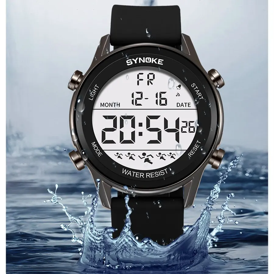 Synoke Mannen Buitensporten Multifunctionele Waterdichte Groot Scherm Display Lichtgevende Digitale Led Voor Mannen Mode Siliconen Horloge