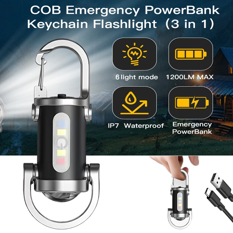 Tragbare Mini-Schlüsselanhänger-Taschenlampe, multifunktionales COB-Arbeitslicht, 6 Modi, wiederaufladbares Notlicht für Spaziergänge, Suchen, Wandern