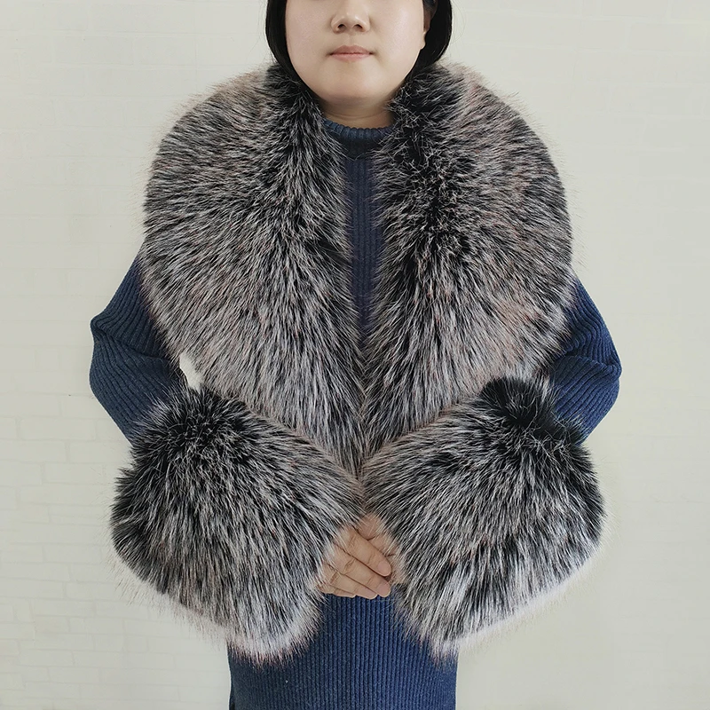 Bufanda grande de piel de zorro sintética para mujer, chaquetas cálidas y esponjosas, conjunto de puños y cuello de piel Artificial a la moda, bufandas esponjosas para mujer