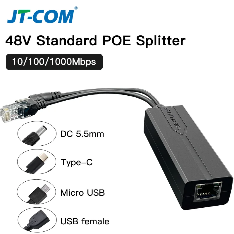 Standard POE Splitter 48V to 5V 12V 1.2A 2A Micro USB tpye-C 100M/1000M POE Camera Injector Power Supply for Huawei Hikvision