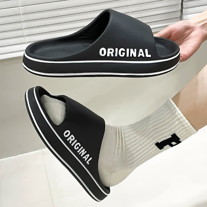 Feslishoet-Zapatillas de playa con letras para hombre y mujer, chanclas antideslizantes de suela gruesa de Color sólido para interior y baño, sandalias de verano para parejas