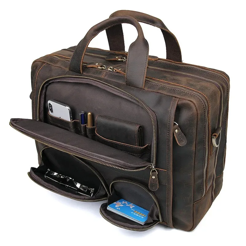 Maletín para ordenador portátil de 17,3 pulgadas, bolso para ordenador portátil de cuero auténtico, bolsos de mano de viaje de negocios, bolsos para hombre, bolso grande Retro