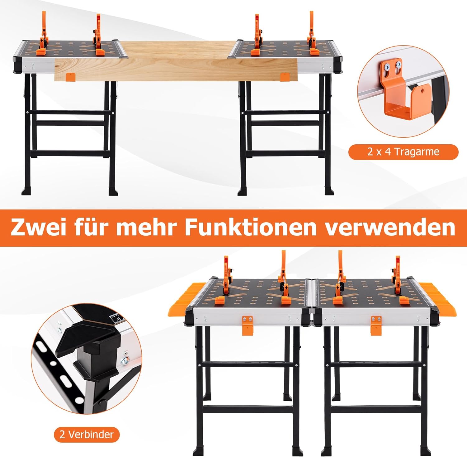 Table de travail pliante avec cadre en métal, établi avec 2 pinces rapides, 4 crochets de serrage, 3 boîtes à outils