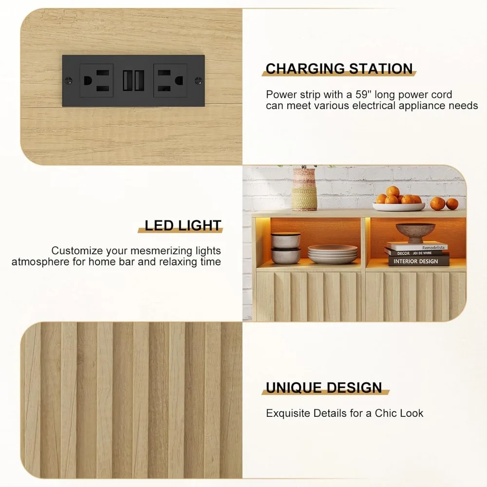 Storage Cabinet Buffet Cabinet with Storage, Fluted Sideboard Cabinet Coffee Bar, Accent Credenza with LED Light