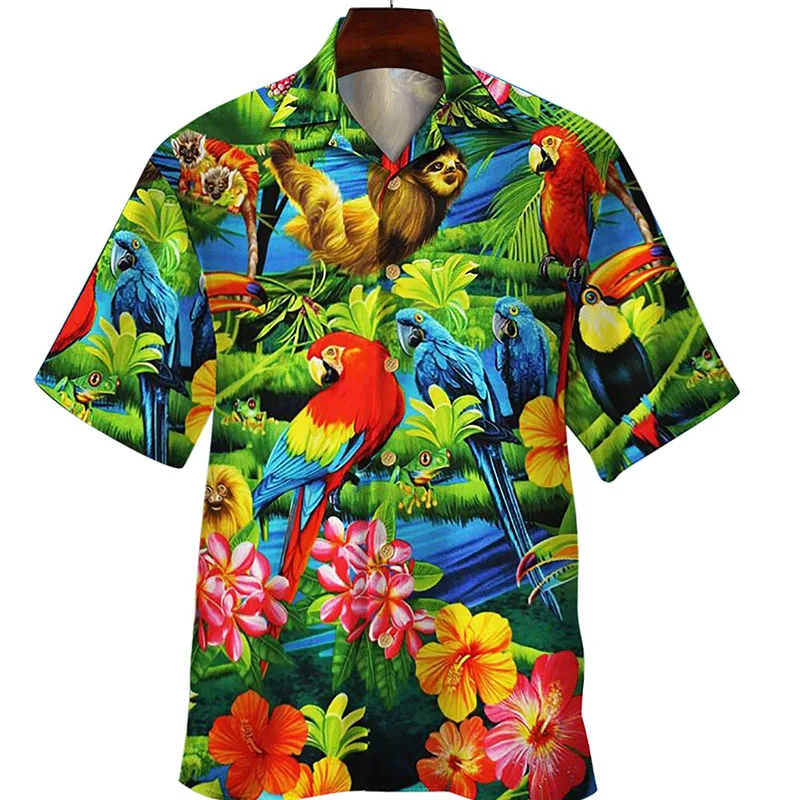 Camisa con estampado 3d de loro Floral de verano para hombre y mujer, camisas a la moda de un solo pecho, camisas hawaianas de manga corta, blusa, ropa para hombre