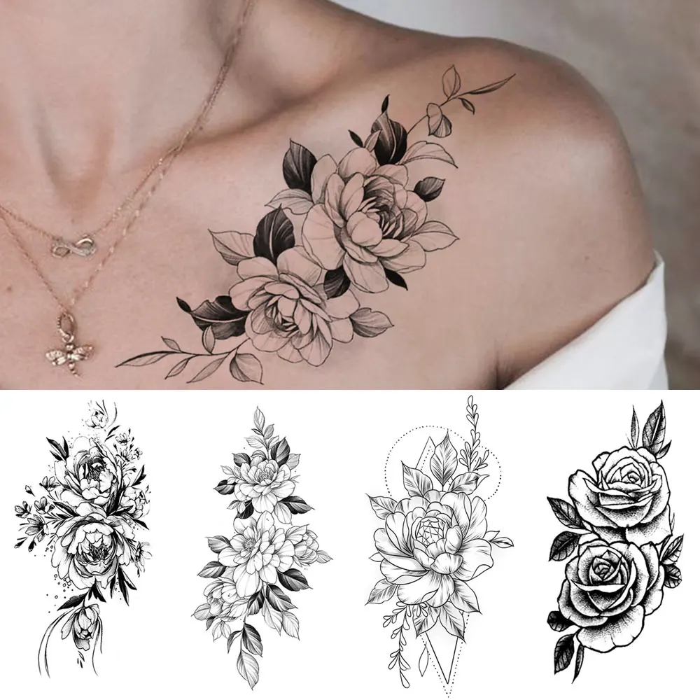 Wasserdicht Temporäre Tätowierung Aufkleber Blumen Rosen Lilien Pfingstrosen Geometrische Muster Körper Kunst Arm Gefälschte Tattoos Hülse Frauen Männer