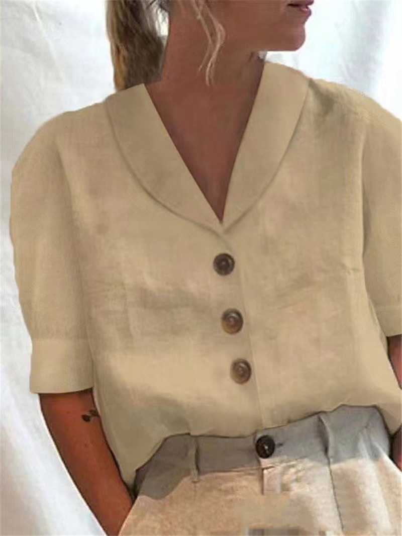 Estilo simples cor sólida algodão camisa de linho feminino único breasted cardigan lapela blusa feminina casual bolha meia manga topo novo