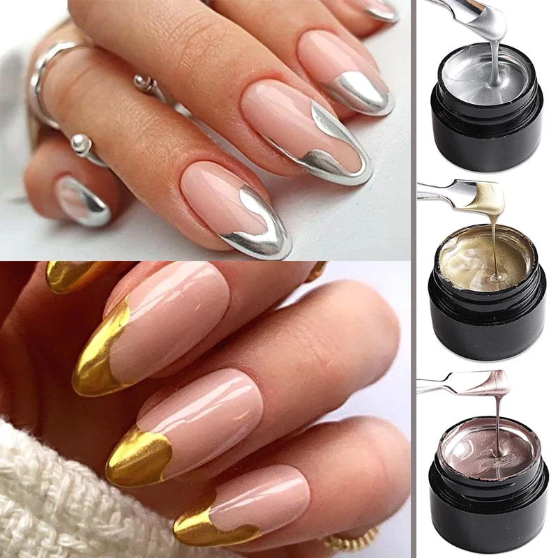 Peinture métallique Gel Chrome or argent Rose or effet miroir vernis à ongles Super lumineux ligne de dessin vernis à ongles français