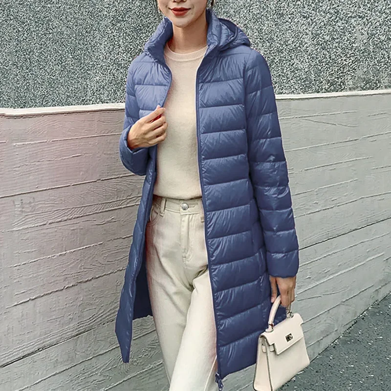 Abrigos ajustados de invierno para mujer, Parka con capucha, Color sólido, ropa de abrigo larga y ligera para mujer, chaquetas acolchadas cálidas a la moda para mujer
