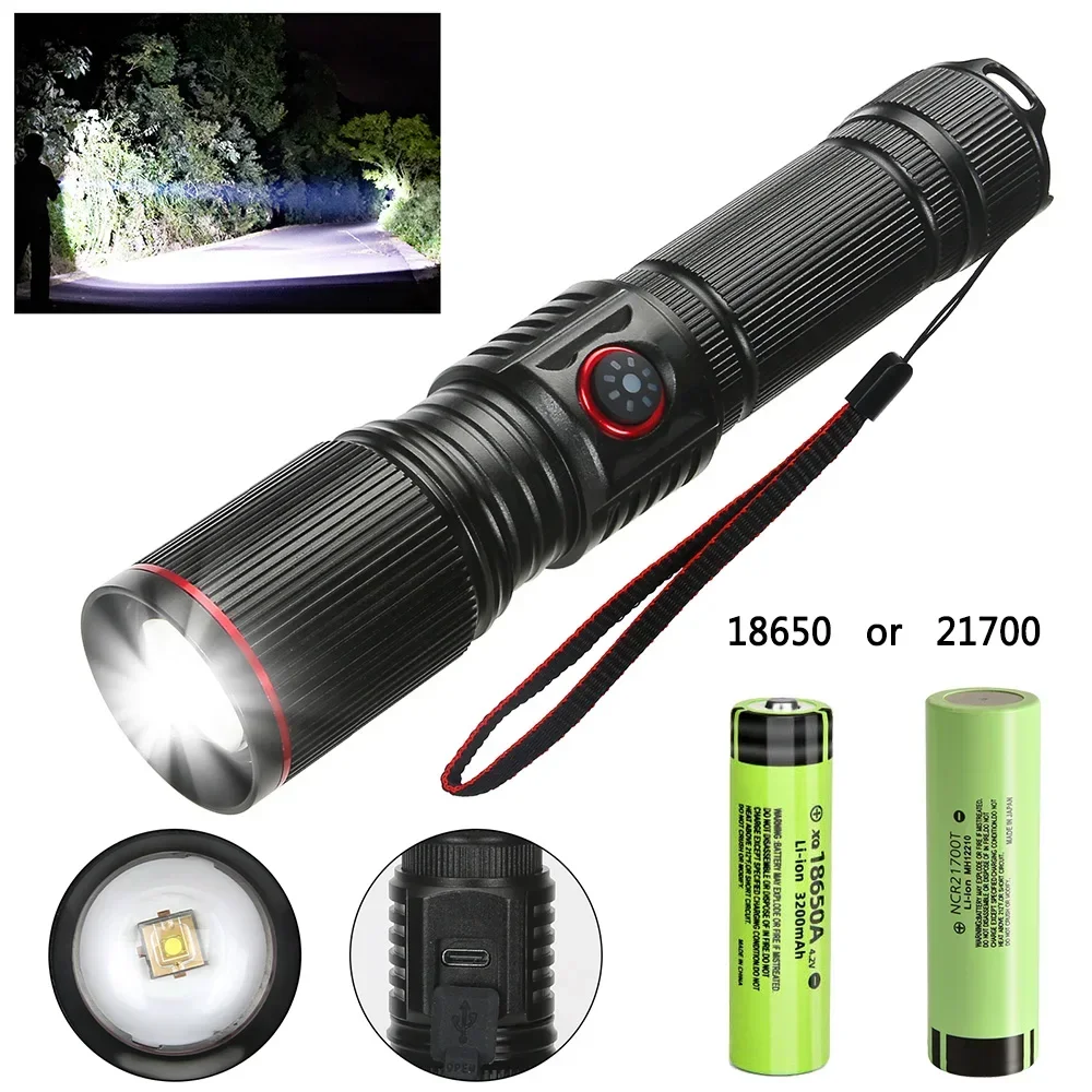 Aluminium Witte Laser Krachtige LEP Zaklamp 18650 of 21700 Batterij Zoom Zaklamp Lamp met Staart Touw Power Indicator