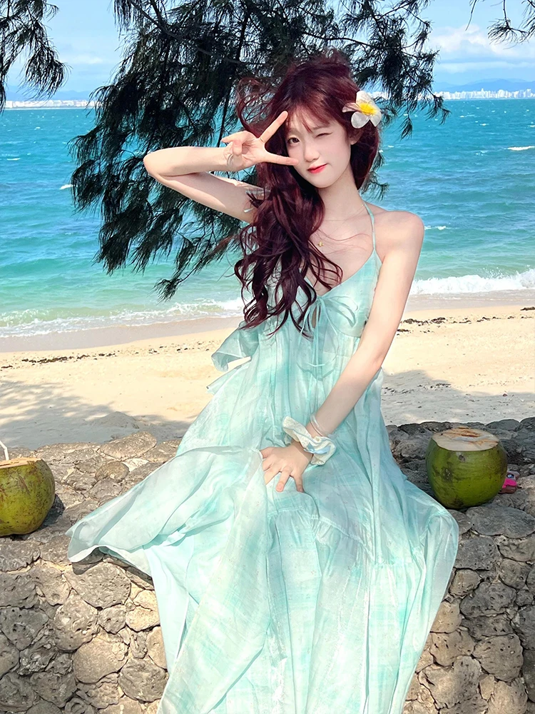夏の妖精ロングドレスネックハンギングストラップレディースドレス写真撮影センセーション休暇ビーチ高級感Aラインスカート