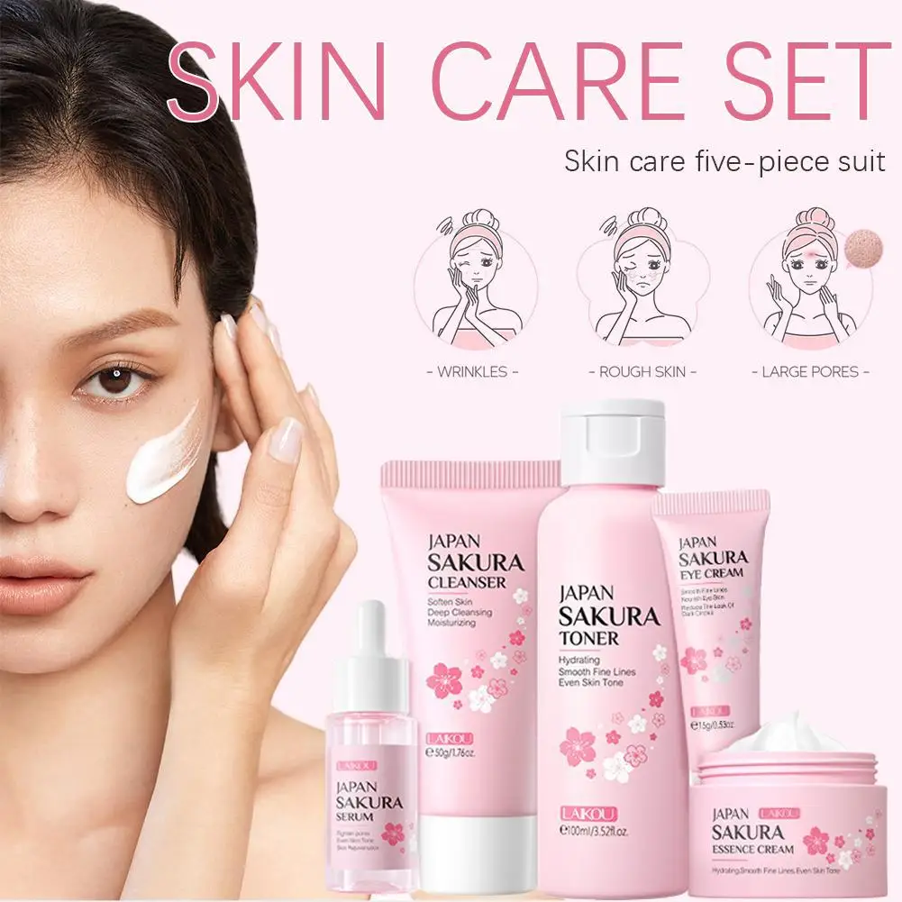 5/6 pçs sakura conjuntos de cuidados com a pele creme facial soro toner limpador facial protetor solar creme para os olhos rosto produtos de cuidados com a pele