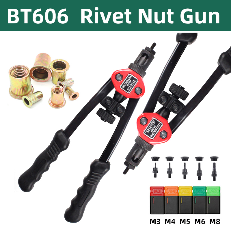 BT-606 rebitador arma ferramenta rosqueada mão porca rebite arma m3 m4 m5 m6 m8 inserção dupla manual alça rebitador ferramenta 200 pçs porcas