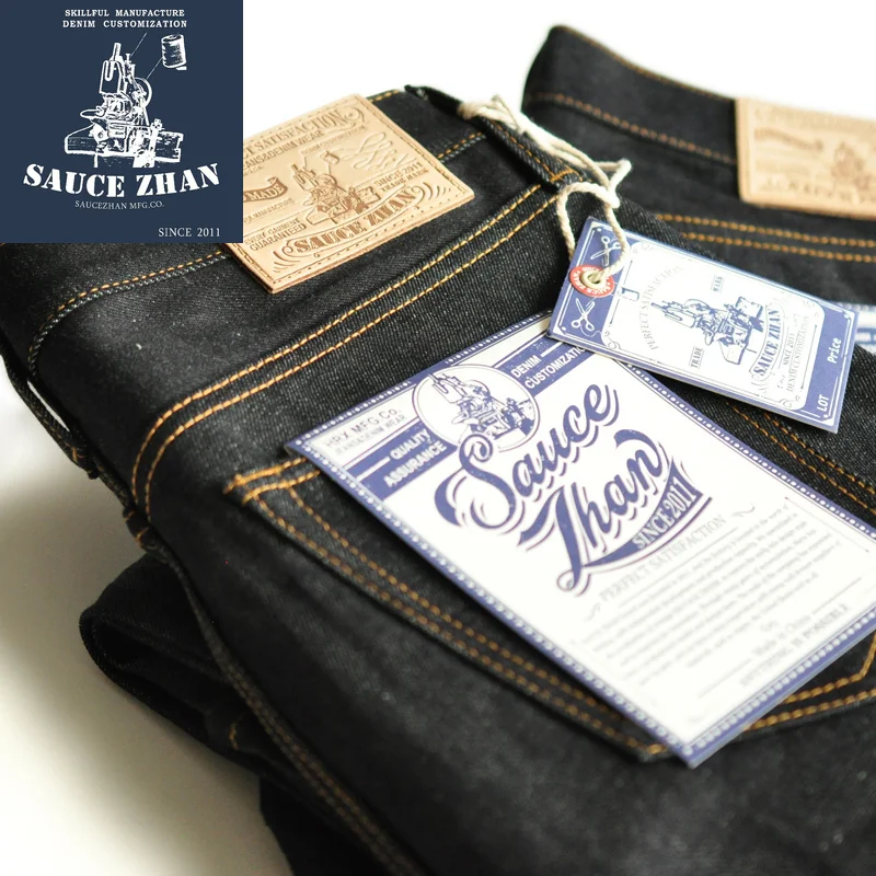 SauceZhan 315XX Pantalones vaqueros de mezclilla con orillo de ajuste cónico para hombres Vaqueros de mezclilla Vaqueros AZUL sin lavado Vaqueros de motocicleta de 14,5 Oz