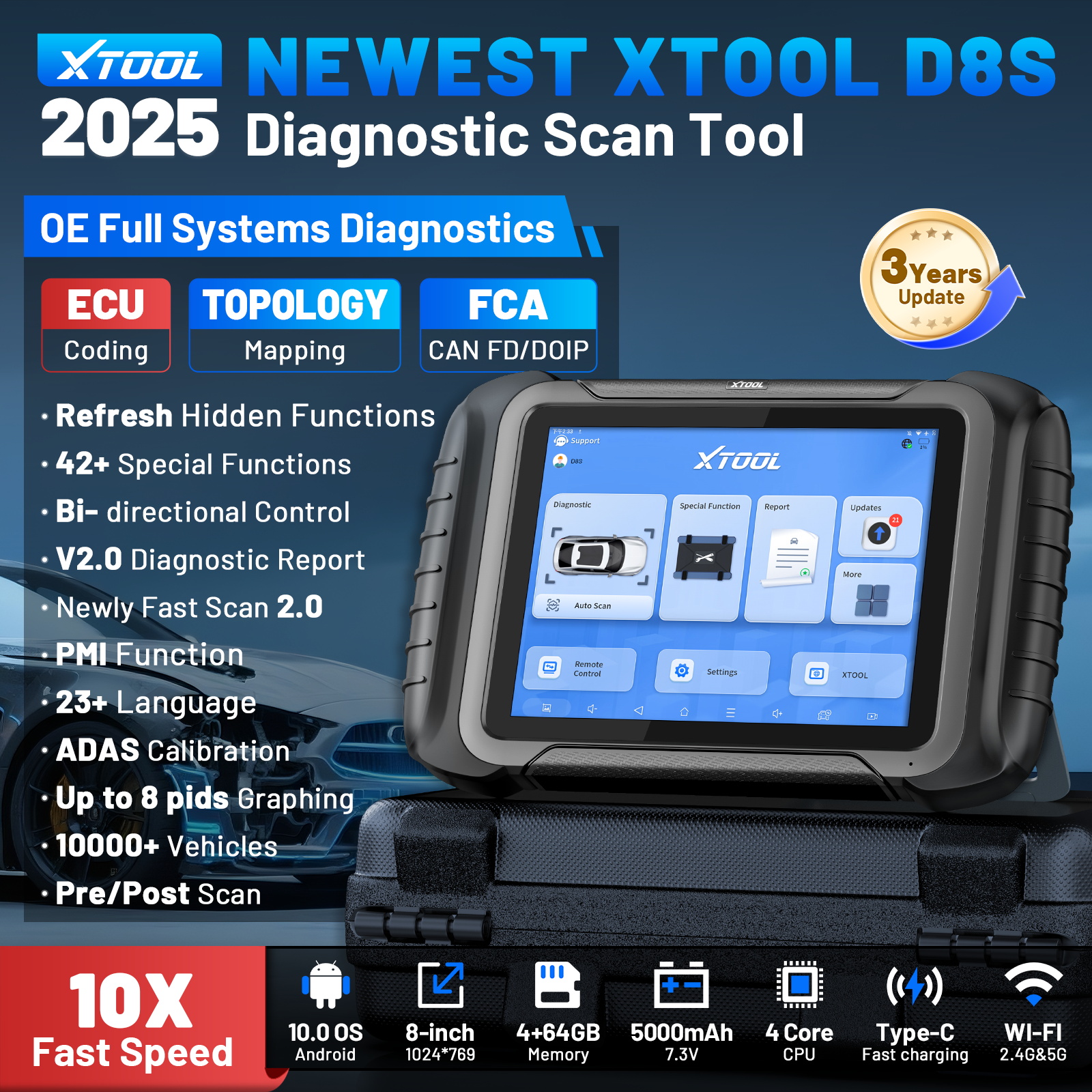 2025 XTOOL D8S Auto Diagnostische Hulpmiddelen OBD OBD2 Scanner Bidirectionele Scanner KAN FD DOIP FCA AutoAuth 42 + Resets ECU Codering Tool