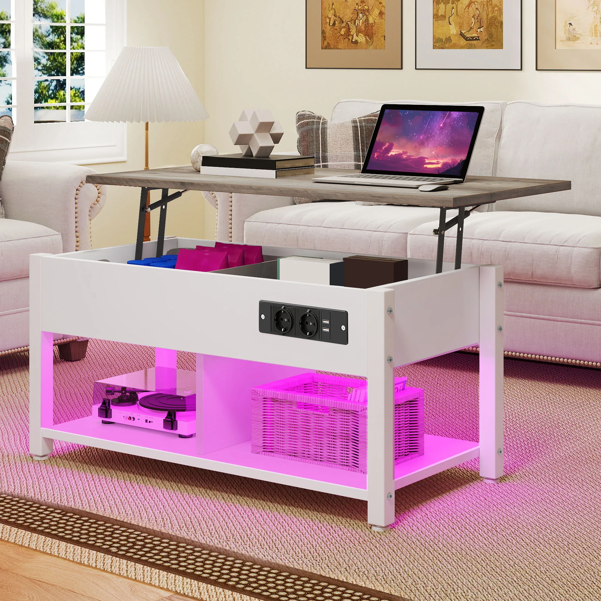 Mesa elevatória branca/cinza YITAHOME – altura ajustável com 2 níveis de armazenamento e compartimento LED oculto