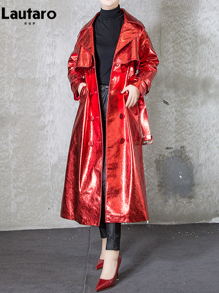 Lautaro-光沢のある反射パテントレザー,女性用トレンチコート,ベルト,ダブルブレスト,ヨーロッパのファッション,春秋