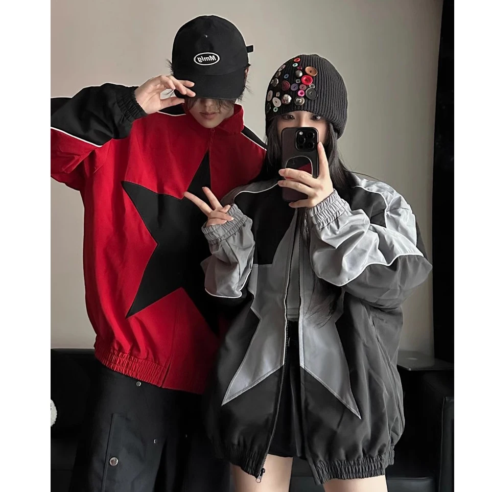 แจ็คเก็ตบอมเบอร์ฤดูใบไม้ผลิสำหรับผู้ชายผู้หญิงเสื้อกันลมลายดาววินเทจฮาราจูกุ Y2k เสื้อโค้ทสตรีทแวร์มีซิปต่อผ้าแจ๊กเก็ตใช้ได้ทั้งชายและหญิง