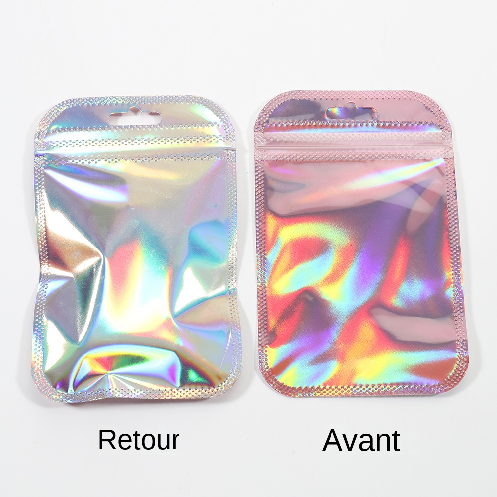 Sacs auto-scellants irisés, pochettes en plastique rose Laser, emballage refermable à fermeture éclair pour exposition de bijoux, sacs de vente au détail, 50 pièces