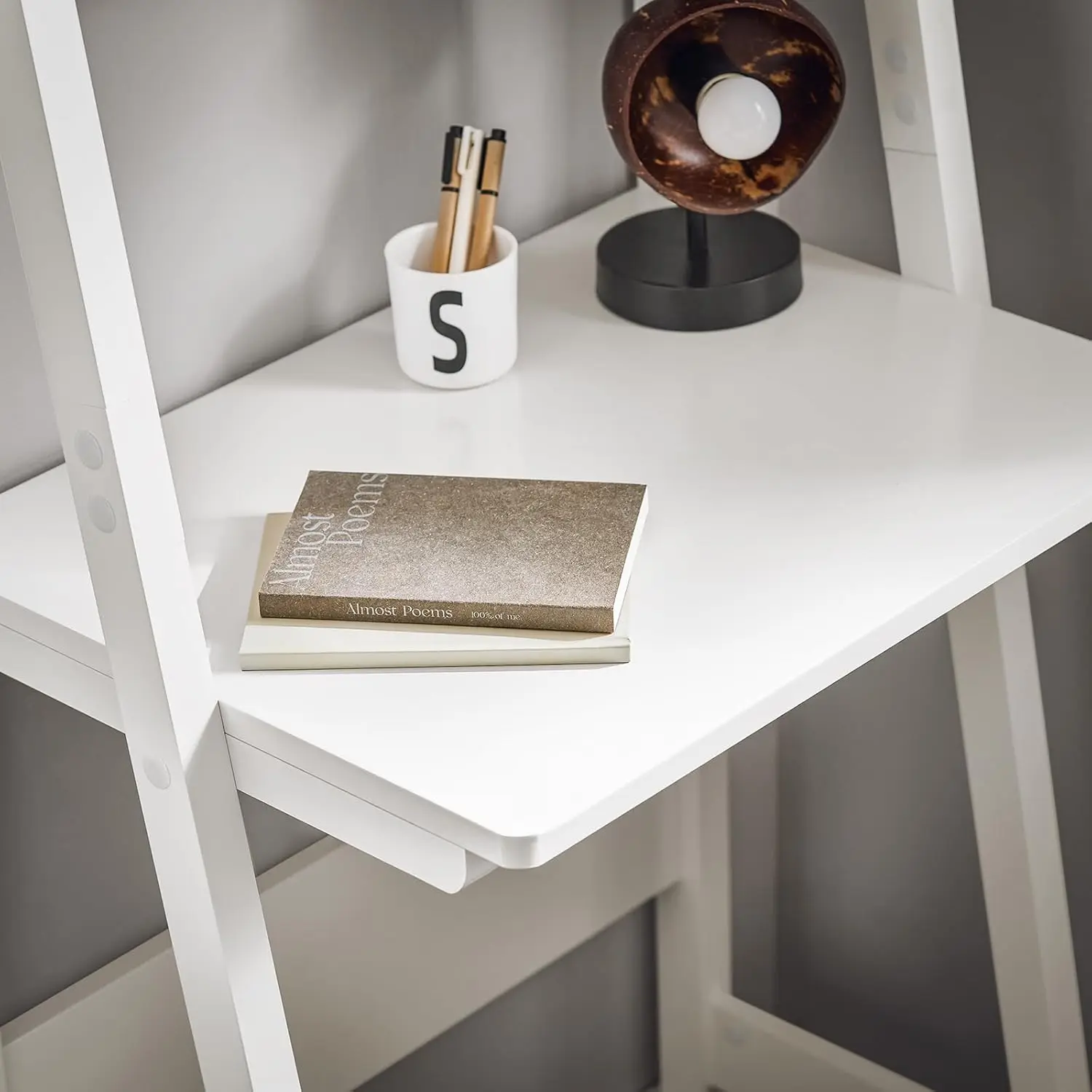 Ladder Shelf Desk, Bookcase, Book Shelf, Leaning Desk with Shelves, Wall Shelf, White FRG60-W