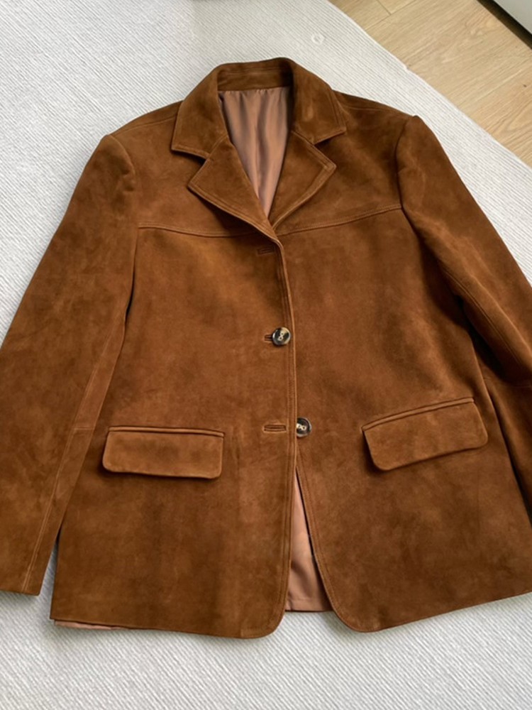 วินเทจฤดูใบไม้ร่วงผู้หญิงจริงแกะ Suede Blazer เดี่ยวสุภาพสตรีทํางานของแท้หนังแจ็คเก็ต Retro Outwear Coat