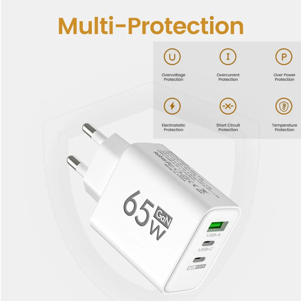 65W GaN急速充電器 USB PD Type-C マルチポート 携帯電話アダプター iPhone 15 Pro Max、Samsung、Xiaomi、Huawei対応