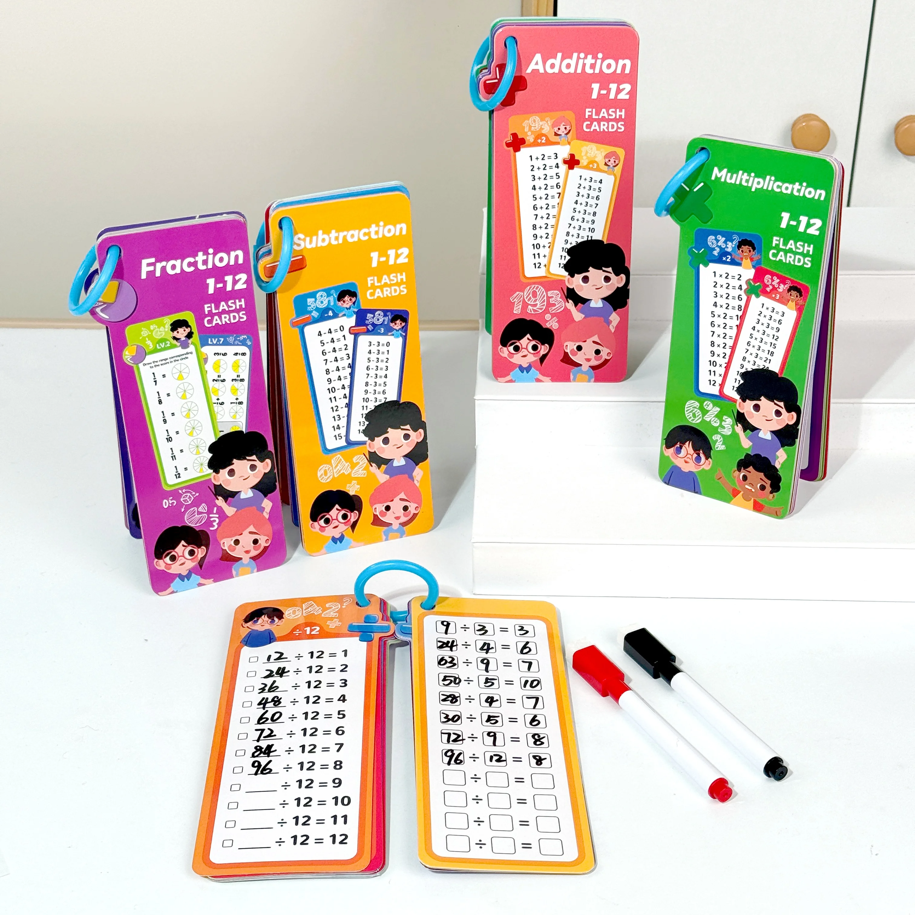 Schede flash per apprendimento digitale, addizione, sottrazione, moltiplicazione, divisione, frazioni, memoria della formula matematica, 15 carte, due giocattoli per l'apprendimento con penna cancellabile