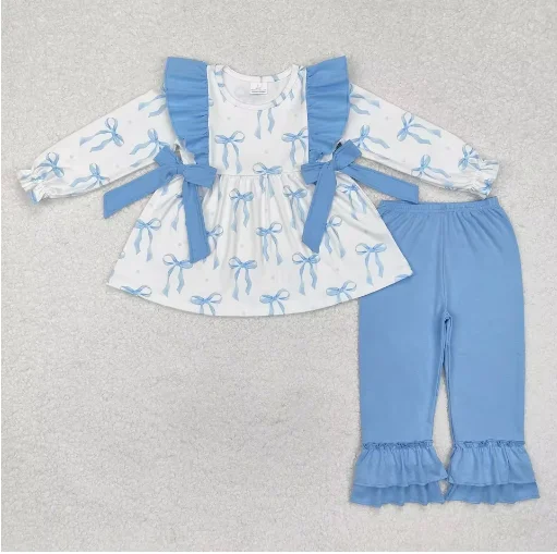 Kemeja Ritsleting Bunga Lengan Panjang Bayi Pita Biru Celana Pendek Rok Bergaris Set Anak-anak Pakaian Pakaian Bayi Perempuan Balita