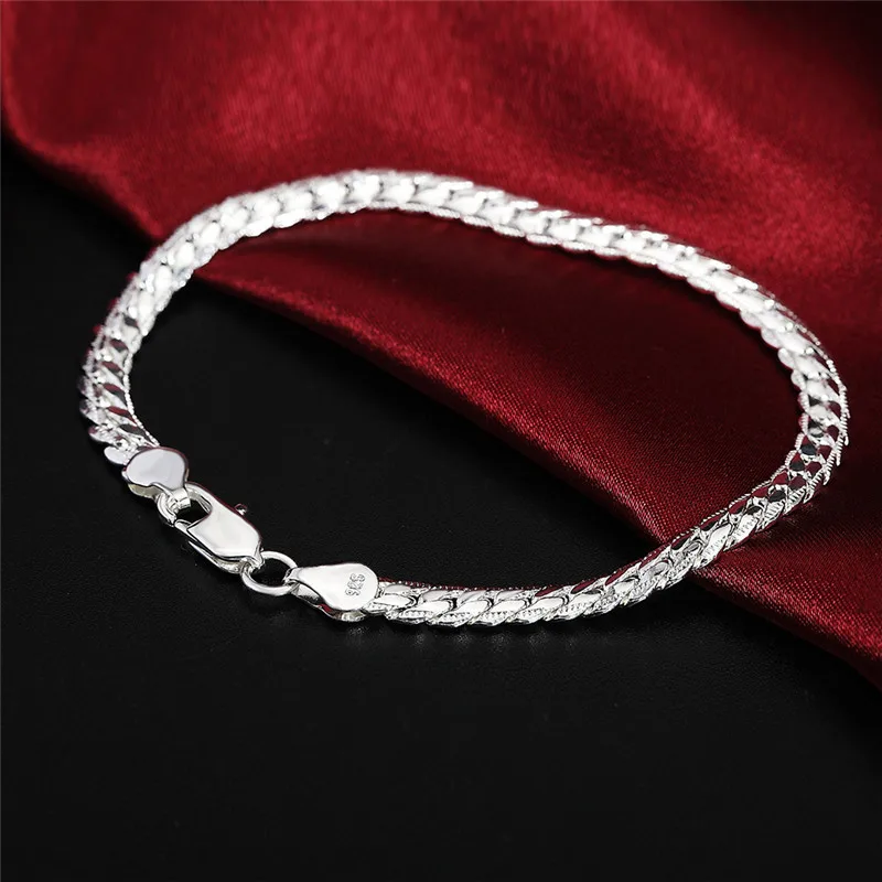 Pulsera de plata de ley 925, 6mm, 18/20cm, cadena lateral plana, pulsera con cierre de langosta para mujer, hombre, joyería de compromiso de boda