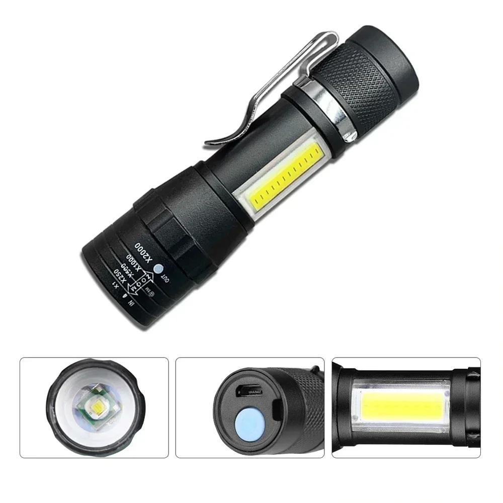 Linterna LED recargable portátil con Clip para bolígrafo, linterna impermeable con zoom y luz lateral, linterna de emergencia para acampar al aire libre