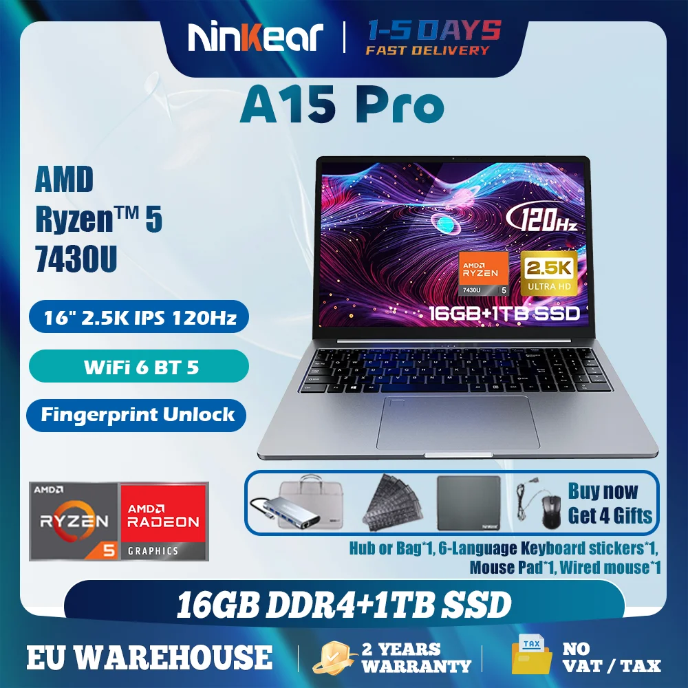 Ninkear A15 Pro Laptop 16" IPS 2.5K FHD AMD Ryzen5 7430U Notebook 16G DDR4 3200Mhz+1TB PCI-E 54Wh Batterij Windows11 PRO Computer