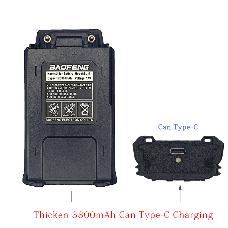 Оригинальный аккумулятор для портативной рации Baofeng 1800 мАч, USB/Type C, зарядка UV5R, детали для двусторонней радиосвязи