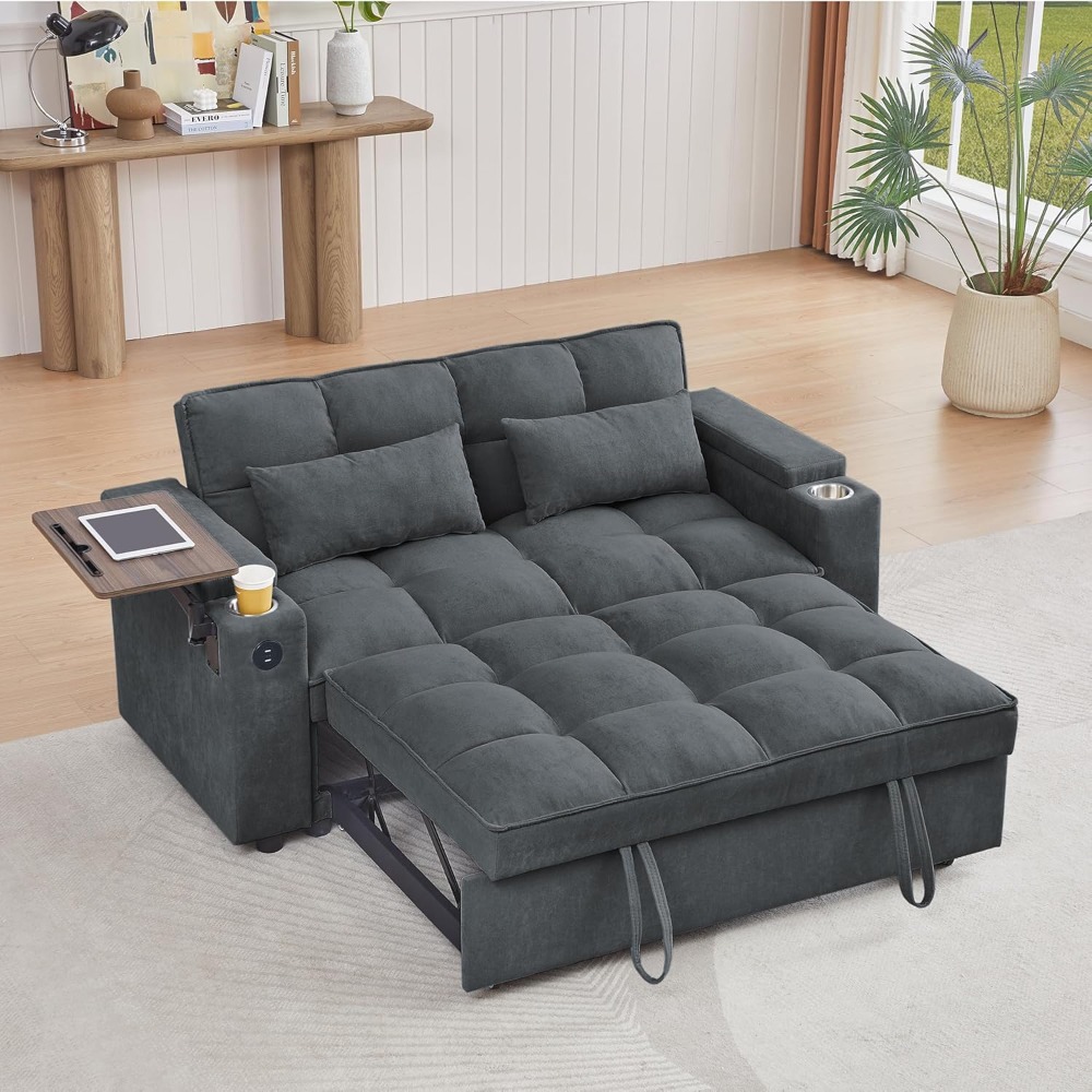 65'' 3-in-1 Folding Convertible Sofa Bed, Queen Size Pullout Sofa, Modern Chenille Fabric, 360° Swivel Side Table, Easy Assembly