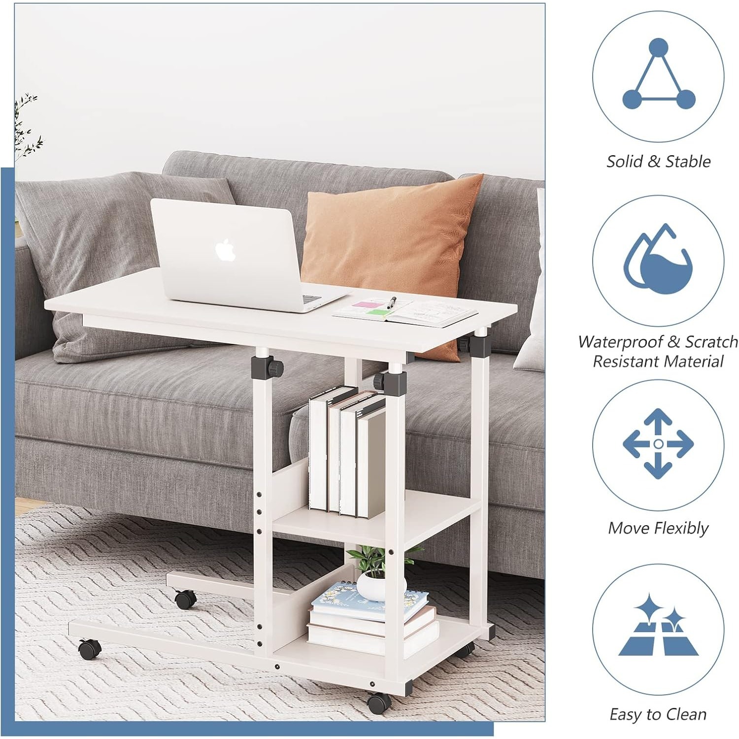 C Shaped Side Table, Sofa Couch Bed End Table, Height Adjustable Mobile Rolling Laptop table with 2 Tiers Storage Shelves