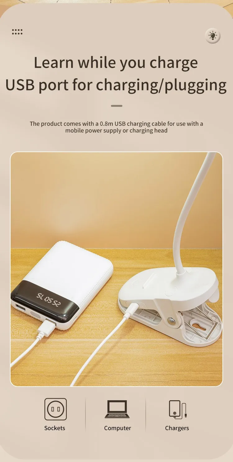 Lámpara de mesa Led, luz nocturna recargable por USB con abrazadera plegable, soporte de estudio, lámpara de lectura táctil, 3 modos de atenuación, luz de protección ocular