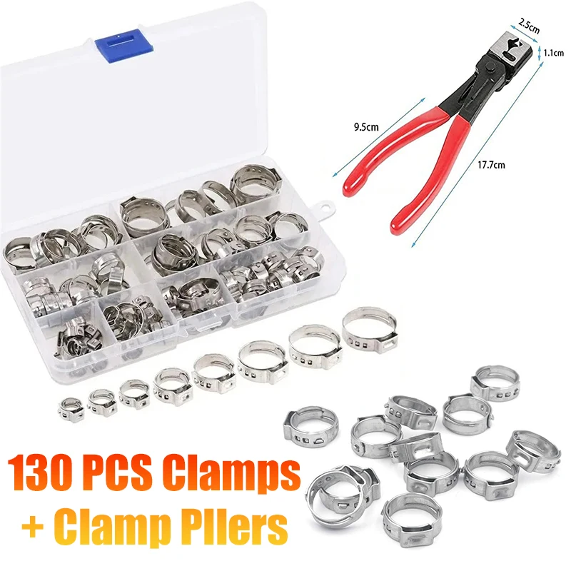 130/80pcs single ear no step fuel hose clamp ring/pliers optional/combination box 7-21mm stainless steel fixture tightening ring
