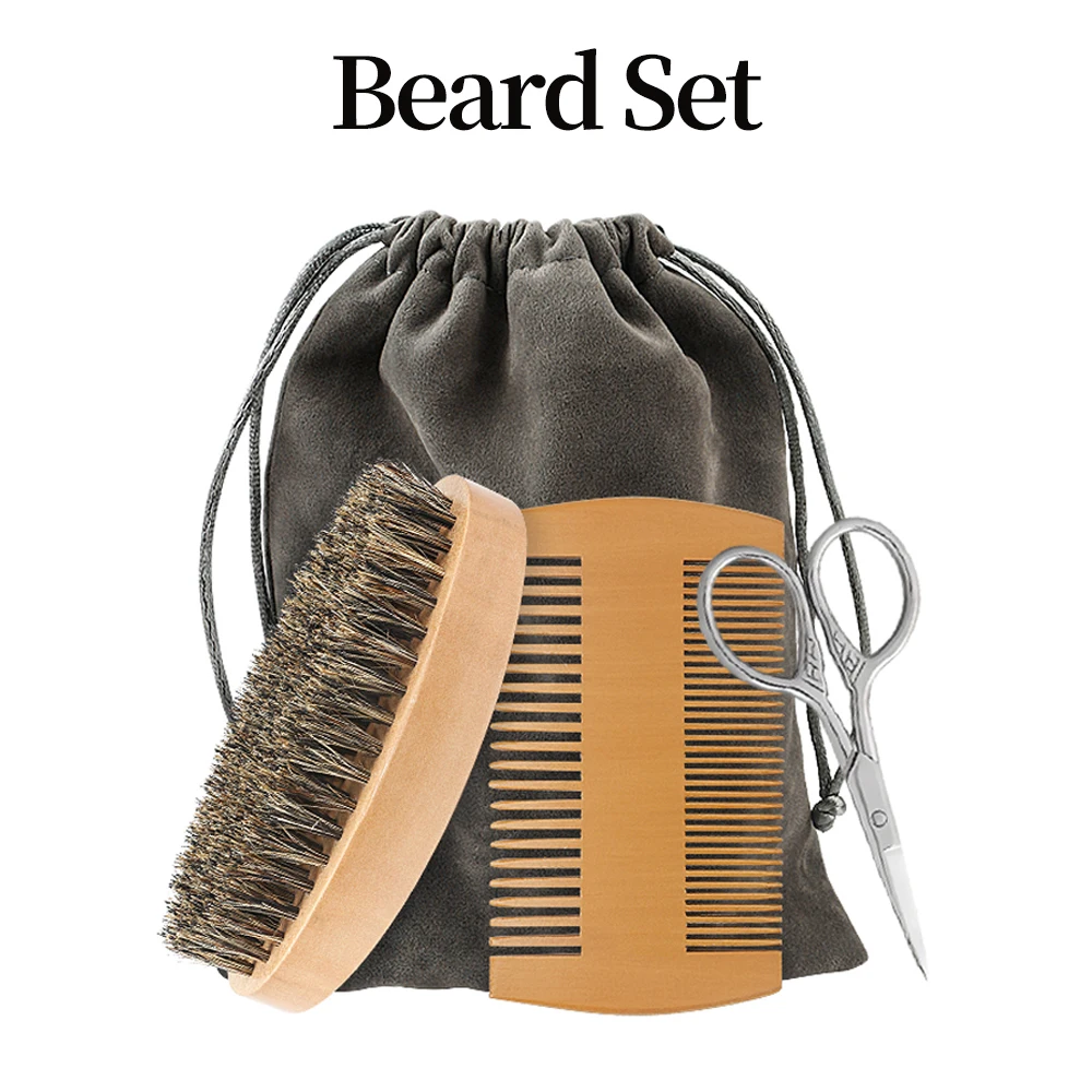 Set di pennelli da barba da uomo Pettine da barba multifunzionale Mini forbici Setola di cinghiale Pennello da barba Baffi per il viso Strumento portatile quotidiano per la cura