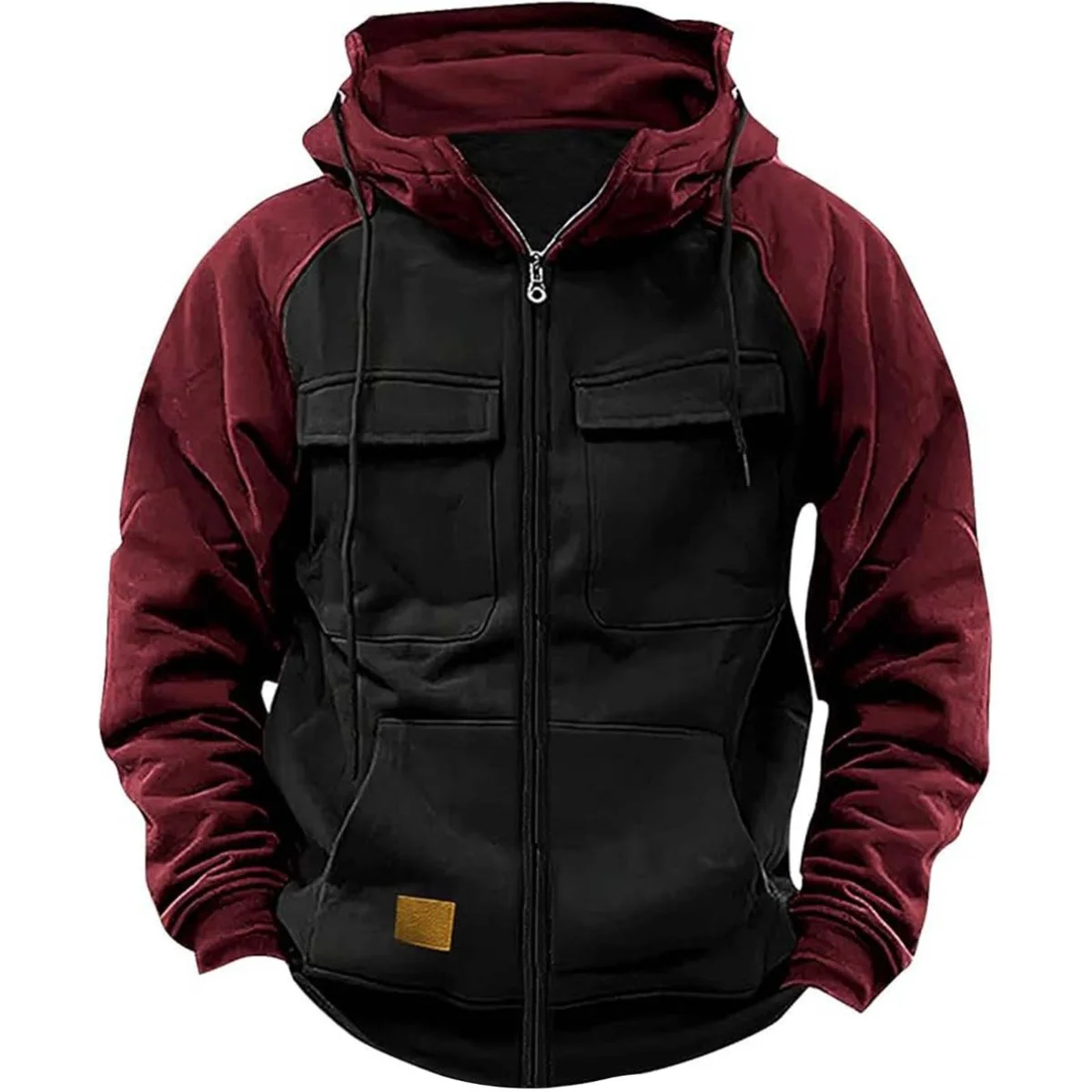Sudadera con capucha para hombre, chaqueta polar de retales con cremallera, cálida, deportiva, Otoño Invierno, con múltiples bolsillos, capucha de moda